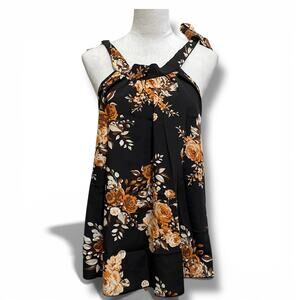 Shein Curve Halter Style Tank Top PLUS SIZE OXL Peach Floral Print on Dark Brown